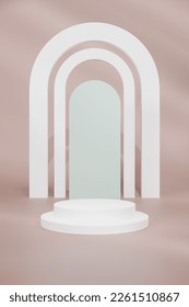 3d rendering  A white cylindrical podium is decorated with a geometric wall in the form of a showcase platform on a brown background.