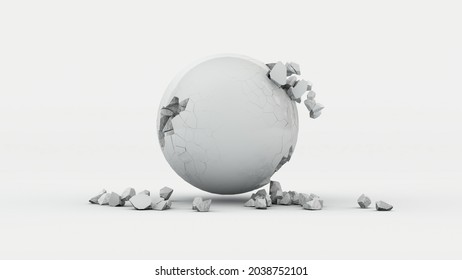 3d rendering of a white destroyed into many fragments. Isolated image on a white background. The idea of collapse, catastrophe, the end of the world, entropy. An illustration of the economic crisis.