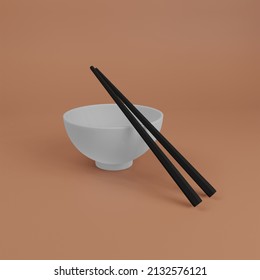 3d Rendering. White Empty Bowl With Chopsticks For Noodles, Rice, Sushi, Pasta And Other Meals.