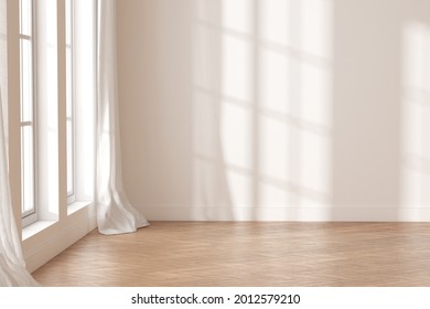 3D Rendering Of White Empty Room With Wooden Floor And Sun Light Cast Shadow On The Wall. 