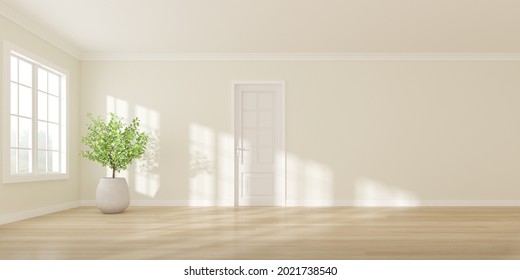3D Rendering Of White Empty Room With Wooden Floor And Sun Light Cast Shadow On The Wall. White Door And Vase Of Plant.