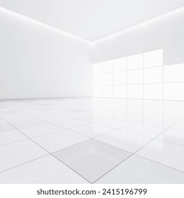 3d rendering of white empty space in room, ceramic tile floor in perspective, window and ceiling strip light. Interior home design look clean, bright, shiny surface with texture pattern for background