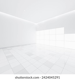 3d rendering of white empty space in room, ceramic tile floor in perspective, window and ceiling strip light. Interior home design look clean, bright, shiny surface with texture pattern for background