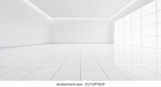 3d rendering of white empty space room, white tile floor in perspective view, ceiling strip light. Modern interior home design look clean, bright surface of tile floor texture pattern for background.
