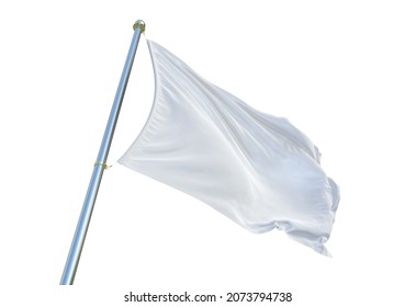 3d rendering White flag mock-up waving in the wind on flagpole. Waving perspective wiev white silk fabric flag. Isolated background