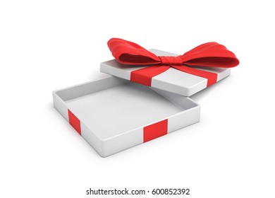 3d rendering of a white flat gift box with a red bow on white background with opened lid. Special offer. Gifts and promotions. Empty box.