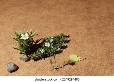 3d rendering of white flowers on freshly rained and long dry land