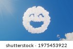 3d rendering of white fluffy clouds in shape of symbol of goofy emoticon on blue sky with sun rays