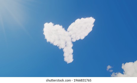 3d rendering of white fluffy clouds in shape of symbol of two leaves on blue sky with sun rays