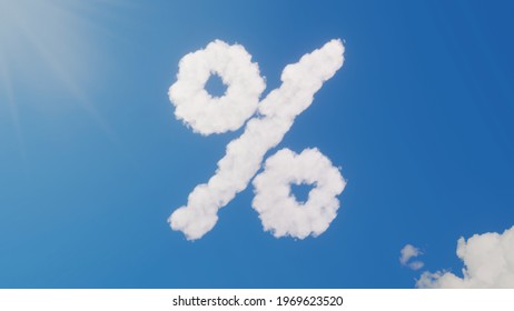 3d rendering of white fluffy clouds in shape of symbol of percentage symbol on blue sky with sun rays