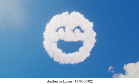 3d rendering of white fluffy clouds in shape of symbol of goofy emoticon on blue sky with sun rays