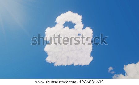 3d rendering of white fluffy clouds in shape of symbol of shopping bag on blue sky with sun rays