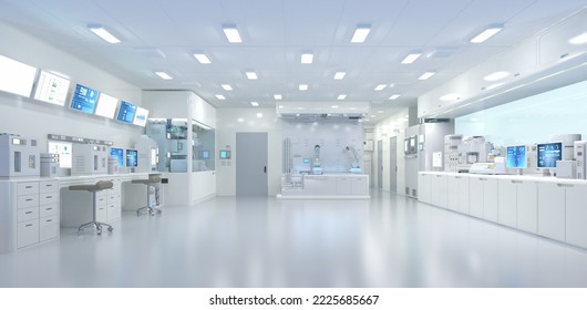 3d rendering white futuristic digital laboratory interior in semiconductor manufacturing factory with machine, computer screen and robotic arms  - Powered by Shutterstock