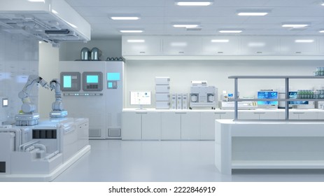 3d rendering white futuristic laboratory interior in semiconductor manufacturing factory with machine, computer screen and robotic arms  - Powered by Shutterstock