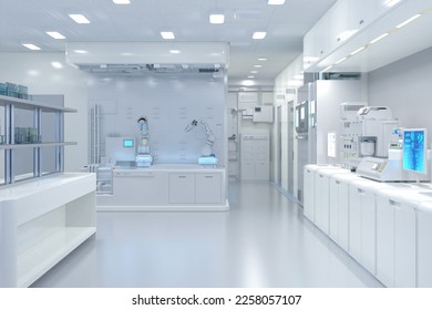 3d rendering white futuristic laboratory interior in semiconductor manufacturing factory with machine, computer screen and robotic arms  - Powered by Shutterstock