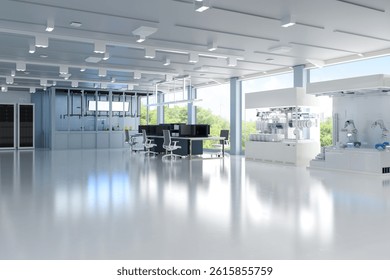 3d rendering white futuristic semiconductor manufacturing factory or laboratory interior with natural light and empty space