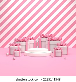3D rendering white gift box with pink stripe background