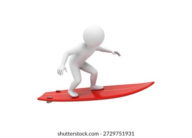 3d rendering of a white human figure performing a surfing maneuver on a sleek red surfboard, representing balance, agility, freedom, and an active lifestyle in a clean minimalist style.
