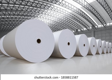 3D-Rendering von weißen großen Papierrollen in Fabrik