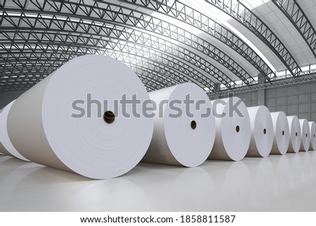 3d rendering white large paper rolls in factory