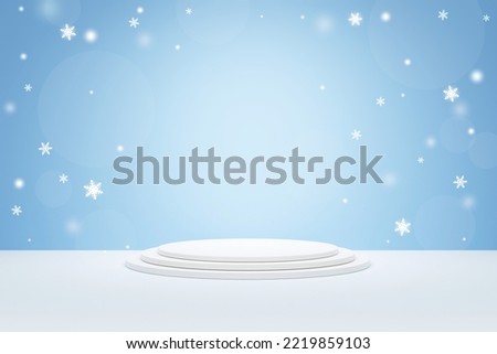 3D rendering white layered round platform or product display stand on white and blue snowflakes background.