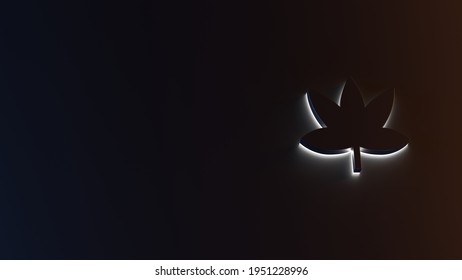 3d rendering of white light stripe symbol of cannabis or marijuana on dark background with blue and orange reflection