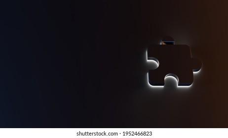 3d rendering of white light stripe symbol of puzzle piece on dark background with blue and orange reflection