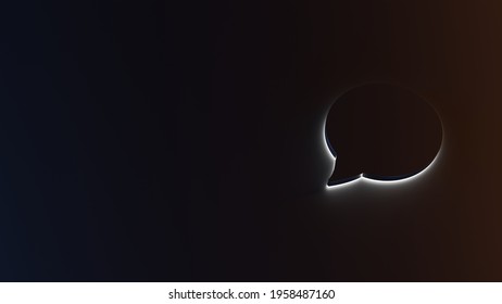3d rendering of white light stripe symbol of rounded chat bubble on dark background with blue and orange reflection