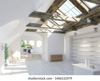 3d Rendering Of White Loft Interior With Drum Set