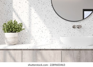 3D rendering  of  white marble  counter top with wash basin, faucet and mirror in  bathroom.