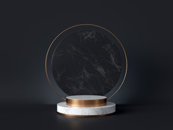 3d Rendering Of White Marble Pedestal Isolated On Black Background, Round Gold Frame, Memorial Board, Cylinder Steps, Abstract Minimal Concept, Blank Space, Clean Design, Luxury Minimalist Mockup