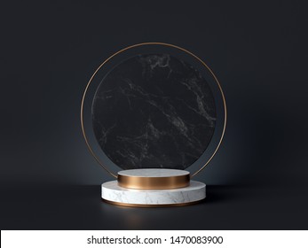 3d rendering of white marble pedestal isolated on black background, round gold frame, memorial board, cylinder steps, abstract minimal concept, blank space, clean design, luxury minimalist mockup - Powered by Shutterstock