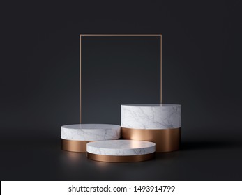 3d Rendering Of White Marble Pedestal Isolated On Black Background, Gold Square Frame, Three Cylinder Blocks, Abstract Minimal Concept, Blank Space, Simple Clean Design, Luxury Minimalist Mockup