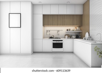 3d Rendering White Minimal Kitchen With Wood Decoration