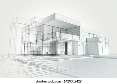 3D Rendering Of A White Modern House Rendering With Draft Lines