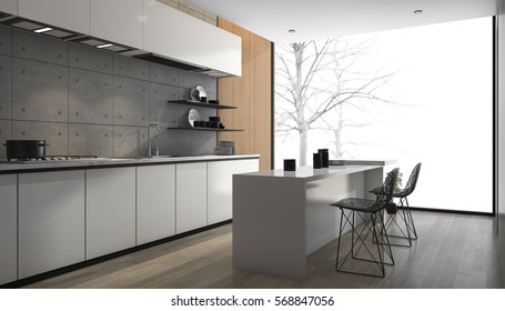 3d rendering white modern kitchen with wood floor near window