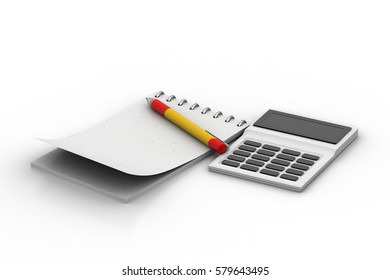 3D rendering of White note pad with pen and calculator
