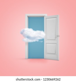 3d rendering of a white open doorway with a cloud on light pink background. Digital art. Heaven doorway. Building and interiour.