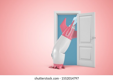 3d rendering of a white open doorway with broken damaged space rocket on light pink background. Heaven doorway. Science and technology. Research and development.