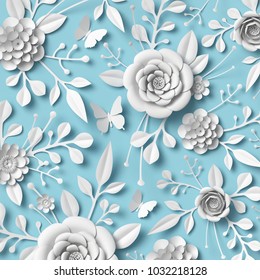 3d Rendering, White Paper Flowers On Blue Background, Botanical Ornament, Bridal Design, Wedding Wall Decoration, Floral Pattern