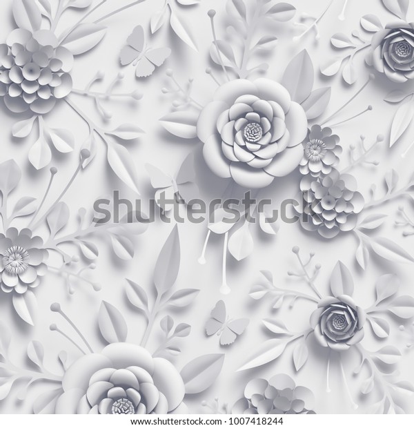 3dレンダリング 白い紙の花 植物の背景 ブライダルブーケ レースのウエディングウォールデコレーション 花柄 のイラスト素材