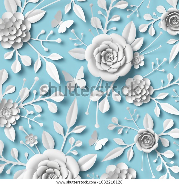 3d rendering, white paper flowers on blue background, botanical ornament, bridal design, wedding wall decoration, floral pattern.