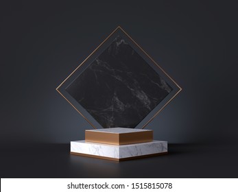 3d Rendering Of White Pedestal Steps Isolated On Black, Rhombus Marble Background, Memorial Board, Art Deco Geometric Frame, Abstract Minimal Concept, Blank Space, Clean Design, Minimal Fashion Mockup