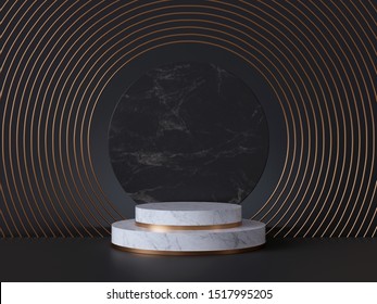 3d Rendering Of White Pedestal Steps Isolated On Black, Round Marble Background, Memorial Board, Art Deco Geometric Frame, Abstract Minimal Concept, Blank Space, Clean Design, Minimal Fashion Mockup