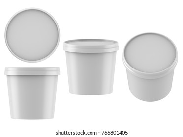 3D Rendering White Plastic Tub Bucket Container For Dessert, Yogurt, Ice Cream, Sour Cream, Snack, Butter, Margarine Or Cheese, Mock Up Template