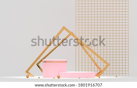 3D rendering white podium geometry with gold elements. Abstract geometric shape blank podium. Scene for product presentation. Empty showcase, pedestal platform display