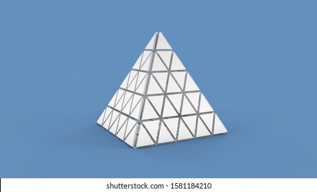 3D rendering of a white pyramid on a blue background. The pyramid is composed of triangles, segments are correctly positioned in space. The idea of the order and rigor of the laws of mathematics.