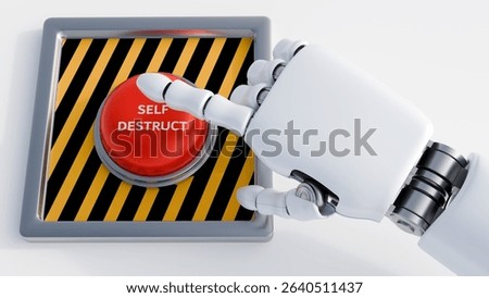 A 3D rendering of a white robotic hand with defined joints and knuckles, extending from the frame towards a prominent red button labeled 'SELF DESTRUCT'."