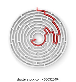 3d rendering of a white round maze with a red arrowed line showing the way out. Secrets and mysteries. Puzzles and problems. Questions and answers.