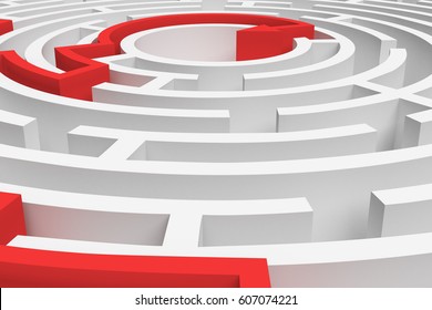 3d rendering of a white round maze with a red arrowed line showing the way out in close-up view. Secrets and mysteries. Puzzles and problems. Questions and answers.